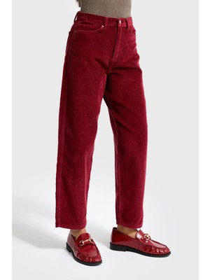 It's Basic Kadın Bordo Renk 26W5-35 Relax Fit Kalın Fitilli Velvet Kadife Kumaş Pantolon