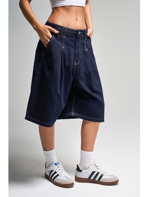 It's Basic Kadın Indigo Renk 7s5-50 Skater Fit Maxi Boy Bol Kesim %100 Koton Denim Bermuda Şort