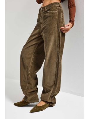It's Basic Kadın Haki Renk Cindy 26W5-82 Skater Fit Bol Kesim Kalın Fitilli Velvet Kadife Kumaş Pantolon