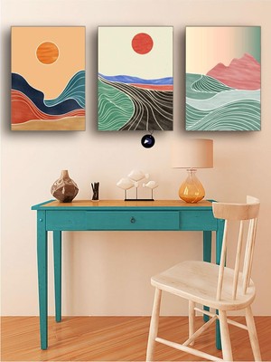 (PSTER21) Çizgisel Doğa Üçlü Kanvas Tablo Seti, Premium 3'lü Canvas, 3 Parçalı Duvar Tablosu