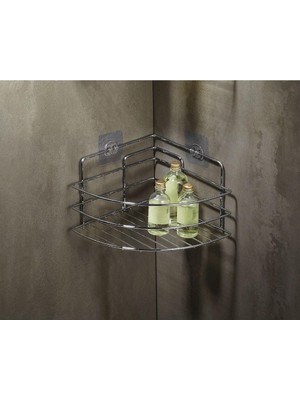 Krom Paslanmaz Köşe Duş Rafı Şampuanlık 21 cm – Yapışkanlı/vidalı (Tekli, Banyo Köşeli