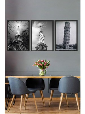Ünlü Yapılar Manzara Eyfel Özgürlük Heykeli Kulesi 3 Parçalı Çerçeve Seti 30 x 40