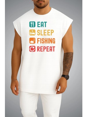 Bahriyeli Collection Oversize Eat Sleep Fishing Repeat Göğüs Baskılı Atlet