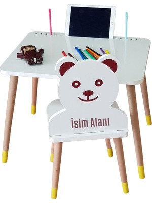 Çocuk Aktivite Masa Sandalye Takımı Tekli 1 Masa 1 Sandalye Ayıcıklı (Sarı Ayak) Tablet, Tele