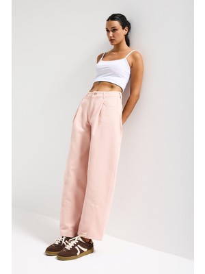 It's Basic Kadın Pudra 6s6-20 Wide Leg Pleat Fit Nakış Desenli Özel Tasarım Denim Jean