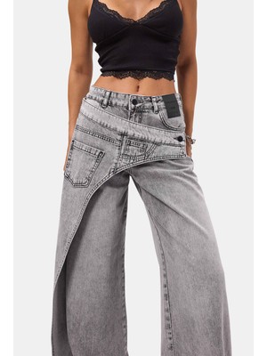 It's Basic Kadın Füme Palazzo Fit Çift Kemer Detaylı Özel Tasarım Denim Jean