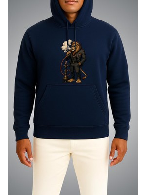 Bahriyeli Collection Kapüşonlu Nargile Içen Aslan Göğüs ve Sırt Baskılı Unisex Sweatshirt