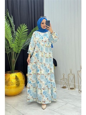 Neşeli Butik Kadın Mavi Boydan Düğmeli Çiçek Desenli Yazlık Tesettür Elbise NMS098