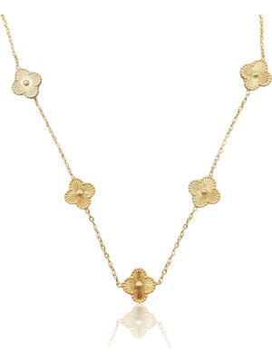 2em Konsept Vıp Çelik Gold 5'li Van Cleef Model Dokulu Yonca Kolye Kararmaz