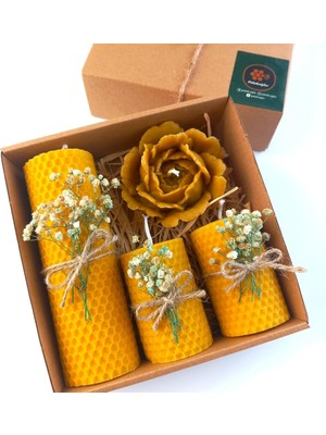 Balmumu Mum Dekoratif Hediye Kutusu 4 Lü Set Doğal Petek Beeswax Candle Açmış Gül (Yeşil Krem