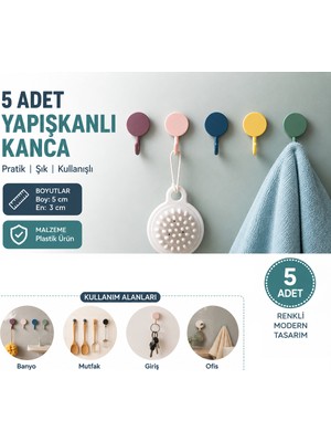 LUXMON Kendinden Yapışkanlı Banyo Mutfak Renkli Duvar Askısı 5 Adet