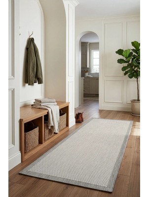 Koza Halı Fresco Antrasit Ekru İskandinav Jüt Yıkanabilir Bordür Halı Kilim Balkon Teras Mutfak Halısı 23745A, 80 x 200