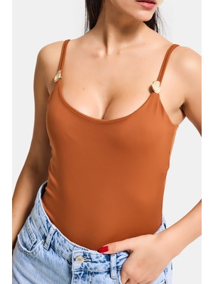It's Basic Kadın Camel S6-55 Askılı Aksesuar Detaylı Çıtçıtlı Body