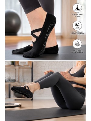 UZN Socks Pilates Çorabı Kaydırmaz Tabanlı Çapraz Bantlı Yoga & Reformer Çorabı Siyah 3 Çift