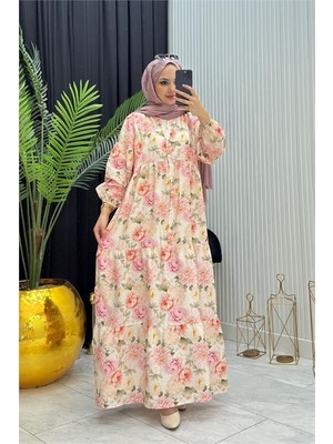 Neşeli Butik Kadın Pembe Boydan Düğmeli Çiçek Desenli Yazlık Tesettür Elbise NMS098