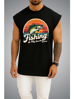 Bahriyeli Collection Oversize Fishing Is My Favorite Season Göğüs ve Sırt Baskılı Atlet