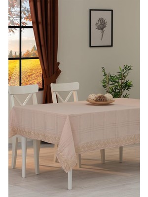 Tropik Home Dantelli Keten Efektli Leke Tutmaz Lüks Masa Örtüsü 160X220 cm Bej