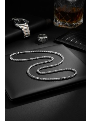 Lorivelle Premium Spiga Örgü Zincir Erkek Kolye - Gümüş Renk, Klasik Tasarım (60 Cm)