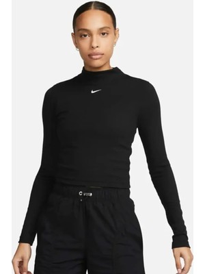 Nike Sportswear Ribbed Mock-Neck Long Kadın Uzun Kollu Yarım Balıkçı Yaka Siyah Tişört