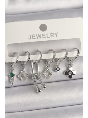 Evimdeyokyok Pirinç Gümüş Renk Zirkon Taşlı Çoklu Figür Kadın Küpe Seti TJ-BKP10095