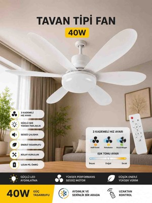 Abrax Tech Uzaktan Kumandalı 40W LED Tavan Vantilatörü | 3 Kademeli Hız | 3 Renk Işık | Sessiz Motor | Enerji Tasarruflu Tavan Tipi Fan
