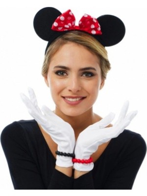 Evimdeyokyok Kırmızı Fiyonklu Minnie Mouse Tacı ve Beyaz Eldiven Seti