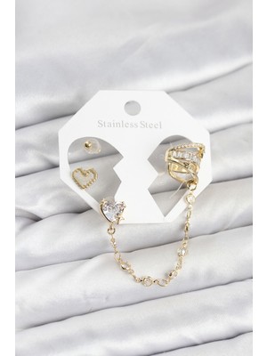 Evimdeyokyok Pirinç Gold Renk Kalp Model Zincir Bağlantılı Ear Cuff Küpe Seti TJ-BKP11541