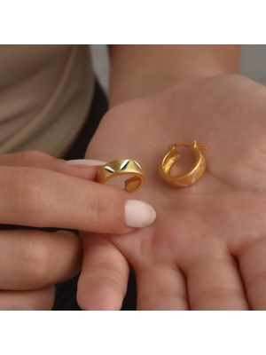 Nox Jewelry 14 Ayar Altın Kaplama  Desenli Iki Renkli Halka Gümüş Küpe - E00311