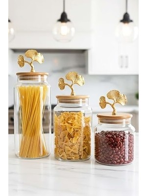 Data Store 3'lü Bambu Kapaklı Metal Ginkgo Figürlü Şeffaf Cam Kavanoz Şeffaf Cam Saklama Kabı 635/890/1400ML