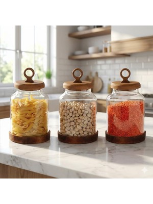 Data Store 3'lü Ring Serisi Akasya Kapaklı ve Tabanlı Borosilikat Cam Kavanoz Seti - 1100 ml Vakumlu Bakliyat ve Kurabiye Saklama Kabı (20X11.5 Cm)