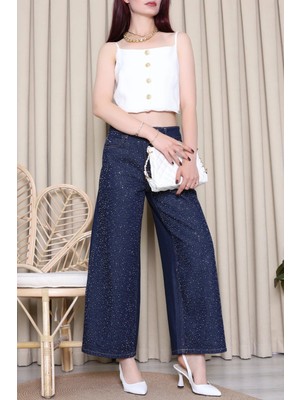 Modi Premium Taşlı Geniş Paça Kot Pantolon Lacivert - 52468.2049.