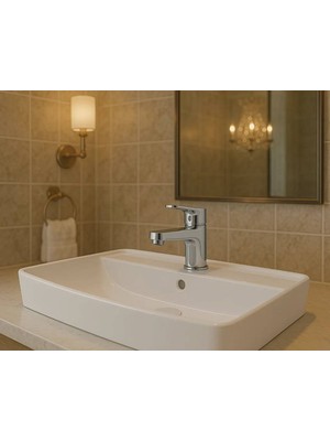 Serel - Rita Tezgah Üstü Batarya Delikli Lavabo Beyaz, 40X60 cm Slim Kenar - RT30TXS110H