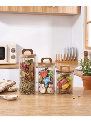 Data Store 3'lü Akasya Kapaklı Çizgili Borosilikat Cam Kavanoz Seti - Vakumlu Erzak ve Bakliyat Saklama Kabı (750 Ml, 1050 Ml, 1400 Ml)