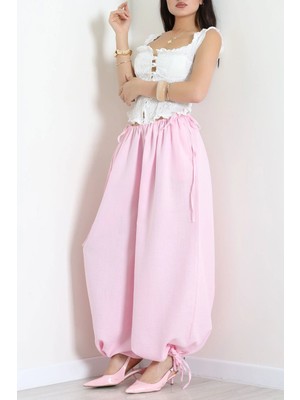 Modi Müslin Kumaş Beli Iplik Detaylı Balon Paça Pantolon Pembe - 53681.2023.