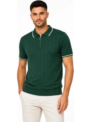 Modi Erkek Fitilli Triko T-Shirt Polo Yaka Yarım Fermuarlı Kısa Kollu Tişört - Yeşil