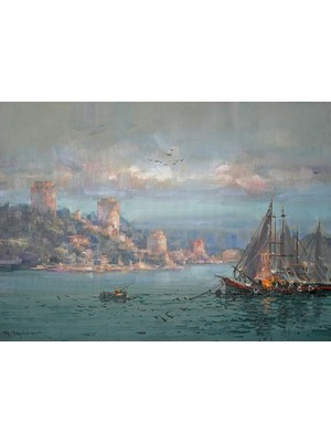 Galeri Atmaca Pembe Bulutlar Altında Rumeli Hisarı, Yelkenli Gemi ve Sandal