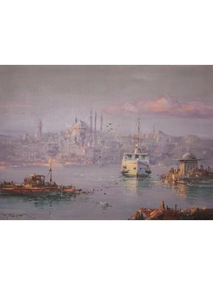 Galeri Atmaca Lila Gökyüzü Altında Vapur, Römorkör ve Cami Silüeti