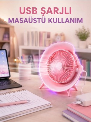 Gece Lambası Özellikli Şarjlı Mini Masaüstü Fan