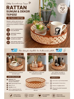 MUS3D Çift Renkli Doğal  Rattan Görünümlü Dekoratif Sunum Tepsisi - Kahve Sunumu, Mumluk ve Organizer - 16,5 cm  - Plastik