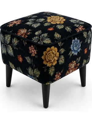Coart Home Co Art Home Çiçek Desenli Goblen Kumaş Ahşap Ayaklık Siyah Puf, 40X40,KARE