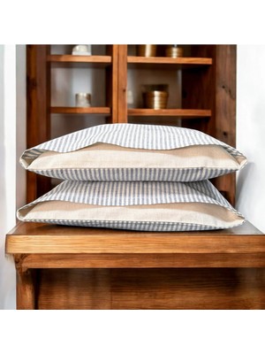 Mundo Lindo %100 Pamuk Ipliği Boyalı Çizgili Tek Kişilik Yastık Kılıfı 2'li Set - 50X70 cm Naturel Cep Detaylı