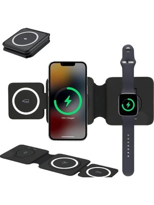 3'lü Kablosuz Şarj Standı iPhone Apple Watch Airpods Android Uyumlu Telefon Hızlı Şarj Katlanabilir