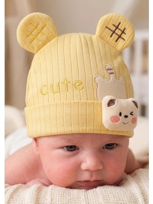 Bambik Kayra Baby Erkek Bebek Cute Ayıcık Figürlü Penye Şapka 0-9 Ay