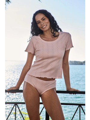 Lovely Things KIMBERLY Pointelle Kısa Kol Tshirt Pijama Üstü - Açık Pembe