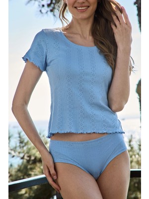 Lovely Things KIMBERLY Pointelle Kısa Kol Tshirt Pijama Üstü - Açık Mavi