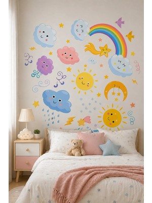 KutuTR Bulut, Güneş ve Gökkuşağı Temalı Çocuk Odası Duvar Sticker Seti – 30X100 cm