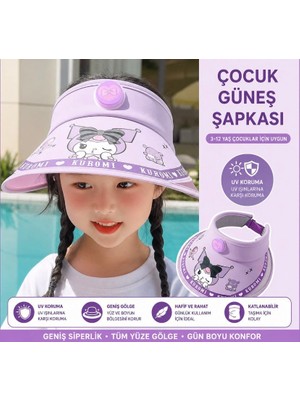 Sevimli Kedi Kuromi Desenli Çocuk Güneş Şapkası UPF50+ Uv Korumalı Katlanabilir Vizör 3-12 Yaş Mor