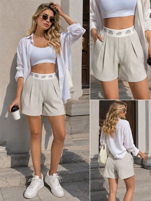 Meride Fashion Bej Yüksek Bel Şort Pileli Rahat Kalıp Yazlık Şort