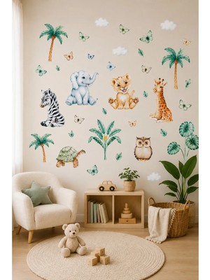 KutuTR Safari Hayvanları Temalı Çocuk Odası Duvar Stickerı 50X100 cm Folyo Baskı Dekoratif Sticker Seti