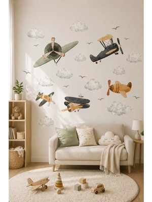 KutuTR Vintage Uçak Temalı Çocuk Odası Duvar Stickerı – 50X100 cm